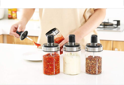 TENTA KITCHEN 3 High Borosilicate Glass Spice Jars Seasonning Box Jar Condiment Jar, Combination Spoon and Lid Design, Premium Commercial Grade, E...