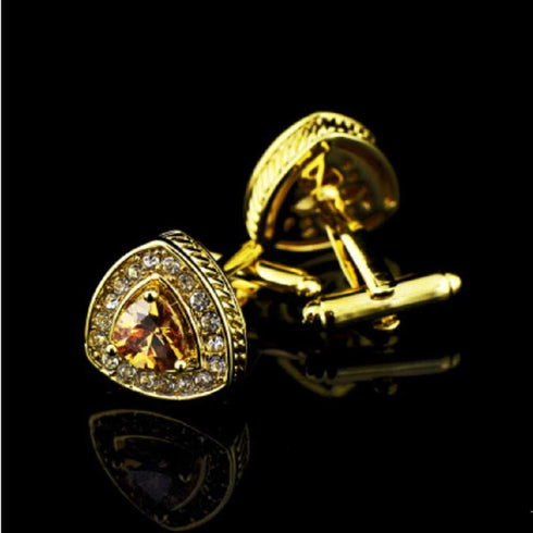 V & L Gold Crystal Cuff links Yellow – Fancy Unique Elegant Sparkling Luxury Gem Stone Cufflinks for men in Triangle - Perfect for Wedding, Formal...