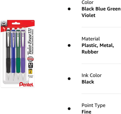 Pentel Twist Erase III Premium Mechanical Pencil 0.5mm 4 pack Assorted Barrels (1 each Black, Blue, Green, Violet)...