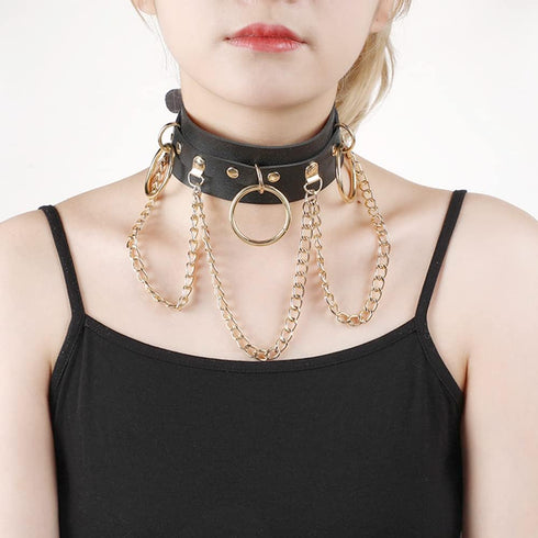Punk Goth Choker Necklace Adjustable PU Leather Chain Alloy O-Ring Tassel Pendant Choker Vintage Circle Clavicle Collar Halloween Cosplay Costume ...