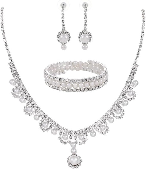 Urieo 3 PCS Pearl Bridal Jewelry Set Silver Rhinestone Necklace Drop Earrings Bangle Bracelet Elegant Costume Wedding Jewelry Accessories Prom Par...