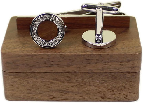 Rustic Black Walnut Wooden Round Cufflinks Tie Clips With Organizer Box for Men...