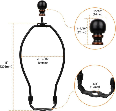 8 Inch Lamp Harp, 2 Set Black Lamp Shade Harp Holder with Finial, DIY Detachable Replacement Lampshade Adapter Harp Bracket Hardware for Table & F...