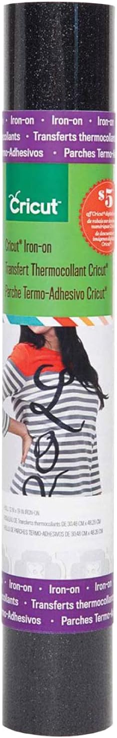 Cricut Glitter Iron On, Black (12'x19' Roll) - HTV Heat Transfer Vinyl, Compatible with Cricut Heat Presses & Maker + Explore Machines...