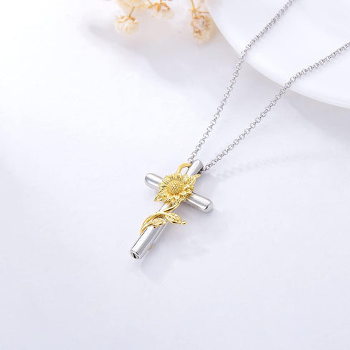 Sunflower Rose Flower Cross Cremation Jewelry 925 Sterling Silver Urn Necklace Keepsake Ashes Hair Memorial Pendant Always in My Heart Locket for ...