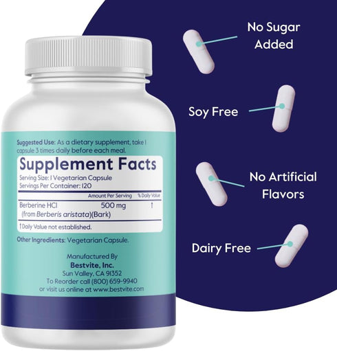 BESTVITE Berberine 500mg Per Capsule (120 Vegetarian Capsules) - No Fillers - No Stearates - No Flow Agents - Vegan - Gluten Free - Non GMO...