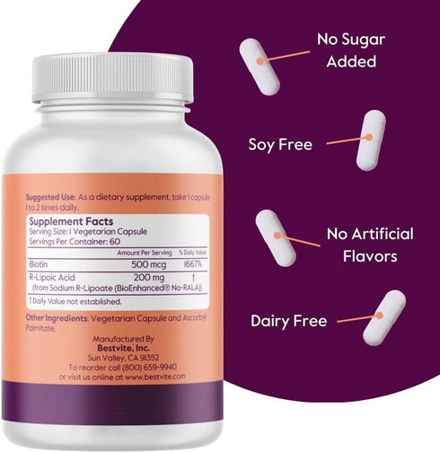 BESTVITE R-Lipoic Acid 200mg Stabilized with Bio-Enhanced Na-RLA (60 Vegetarian Capsules) - No Stearates - No Fillers - Vegan - Gluten Free - Non ...