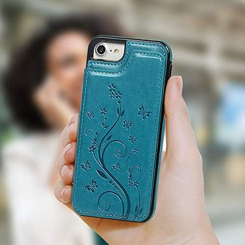 Compatible with iPhone 7 & 8 (4.7 inch) Flip Case, Blue Synthetic Leather Butterfly Embossed Kickstand Card Holder Wallet Case with Credit Card Sl...