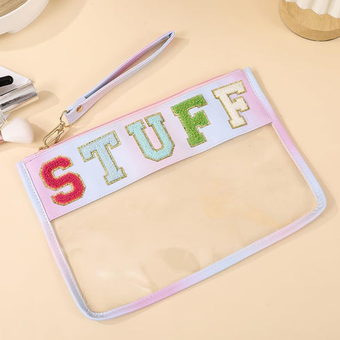 Women Chenille Letter makeup Bags PVC Transparent Cosmetic Case Waterproof Beach Sunscreen Bag Portable Travel Snack Zipper Pouches (SNACKS)...