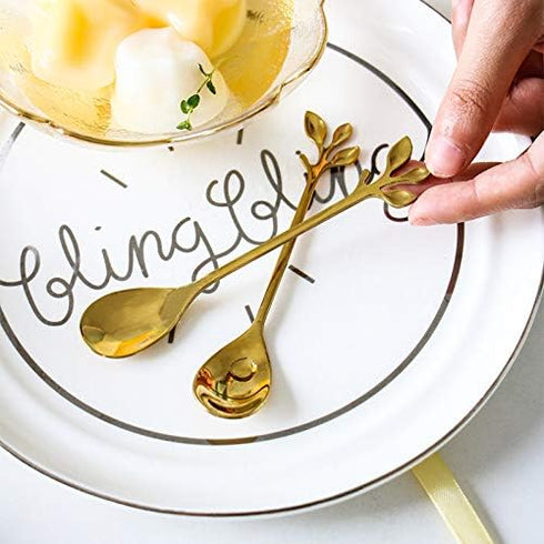 12 pcs Stainless Steel Gold Leaf Coffee Spoon Creative Tableware Dessert Spoons,Tea Sugar Spoons Spoon Set for Ice Cream or Cake, Tea Spoon Set (G...