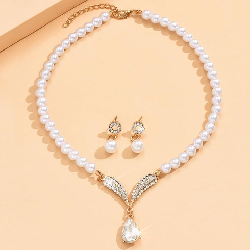 Pearl Bride Wedding Jewelry Set Pearl Bridal Necklace Bracelet Earrings Sets Rhinestone Choker Necklace Prom Costume Jewelry Set for Brides Brides...