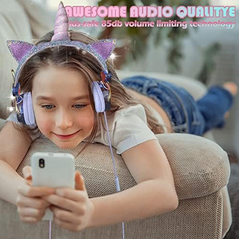 SVYHUOK Kids Headphones for Girls Children Teens,Cute Cat Ear Wired Headphones Microphone 3.5mm Jack, Over On Ear Headset for School Birthday Xmas...