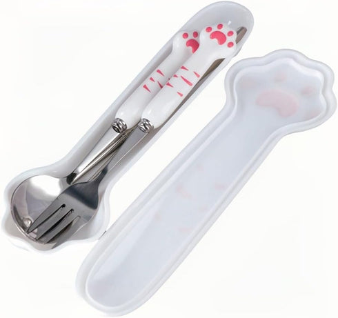 3 Piece Cartoon Cute Cat Claw Spoon Fork Chopstick Set Outdoor Camping Portable Tableware Set(pink)...