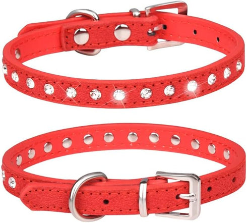 Rhinestone Dog Collar Suede Leather Crystal Diamond Colorful Bling Girl Puppy Cat Collars XS Small Pets (XS, Red)...