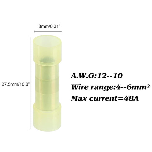 120pcs PA66 Nylon 12-10 AWG Wire Connectors Electrical Crimp Butt Connector Fully Insulated Splice Wire Terminals Yellow...
