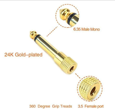 1/4 Mono to 1/8 Mono Adapter, 6.35mm TS Male Plug to 3.5mm Female (Mono to Mono) Audio Adaptor Audio Connector Golden - (5 Pcs)...