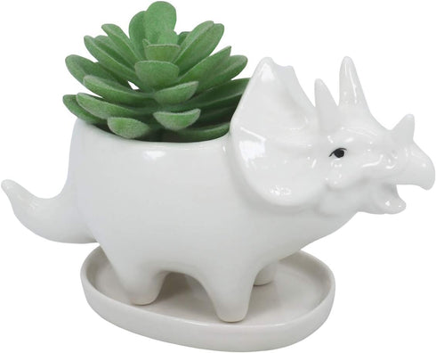Cute Dinosaur Succulent Planter Pot with Drainage Tray, White Ceramic Cactus/Flower Container, Animal Bonsai Holder for Air Plants...