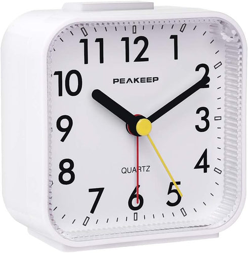 Peakeep Small Battery Operated Analog Travel Alarm Clock Silent No Ticking, Lighted on Demand and Snooze, Beep Sounds, Gentle Wake, Ascending Alar...