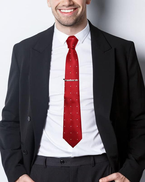 Red Plaid Checkered Ties For Men – Tie Set With Pocket Square Cufflinks Tie Clip Bar & Flower Brooch Pin For Mens (Pack of 5) (AXTS54)...