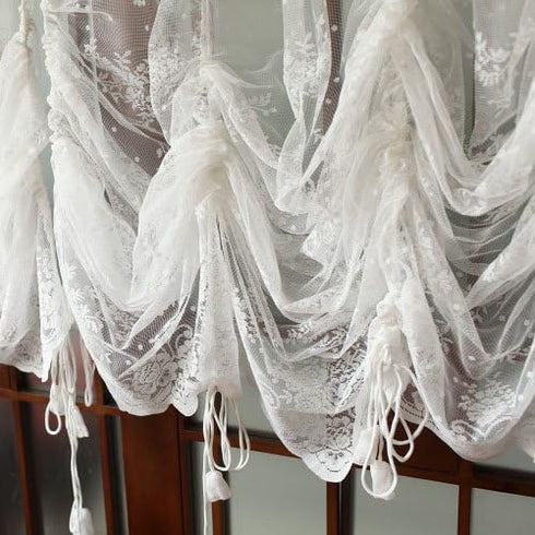 FADFAY Lace Balloon Curtain White Adjustable Tie-Up Curtain Shade, Embroidered Semi Sheer Farmhouse Drape for Living Room Bedroom Dining Room, 1 P...