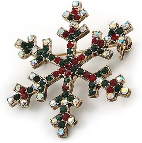 Vintage Inspired Green/Ab/Red Crystals Christmas Snowflake Brooch In Antique Gold Tone - 40mm...