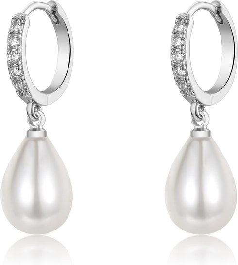 EPIRORA Sterling Silver Simulated Shell Pearl Hoop Earrings Cubic Zirconia Dangle Drop Earrings Jewelry for Women 10mm, Silver (Teardrop)...