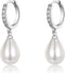 EPIRORA Sterling Silver Simulated Shell Pearl Hoop Earrings Cubic Zirconia Dangle Drop Earrings Jewelry for Women 10mm, Silver (Teardrop)...