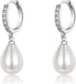 EPIRORA Sterling Silver Simulated Shell Pearl Hoop Earrings Cubic Zirconia Dangle Drop Earrings Jewelry for Women 10mm, Silver (Teardrop)...