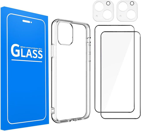 Tempered Glass Screen Protector with Case Clear for iPhone 15 6.1" + Case Clear, 2 Glass Screen Protectors, 2 Camera Lens Protectors, Installation...