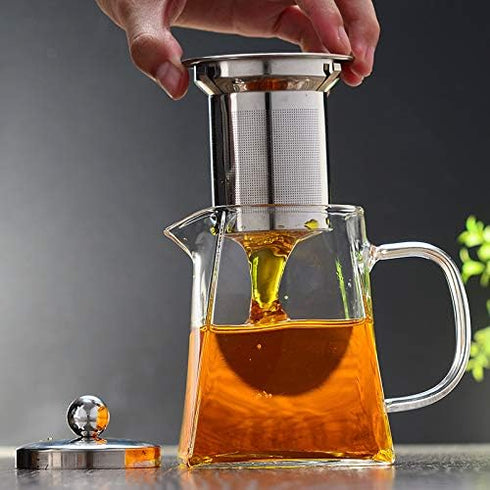 Glass Teapot with Stainless Steel Infuser & Lid, Borosilicate Glass Tea Kettle Stovetop Safe, Blooming & Loose Leaf Teapot,Glass Square Pot (350ML...