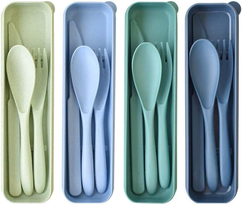 4 Set Reusable Utensils Set with Case, Travel Utensils with Case, Reusable Plastic Spoons and Forks Sets for Lunch Box Accessories, Portable Cutle...