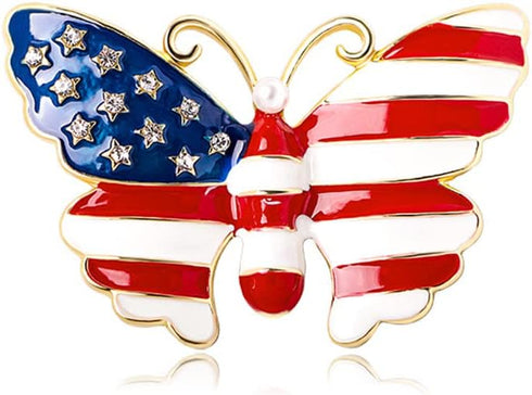 Butterfly USA Flag Brooch Pin for Women Gold Tone Fashion Rhinestone Star Blue Red Enamel 4th of July American Patriotic Medal Brooches Dress Acce...