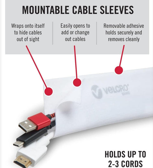 VELCRO Brand Cable Sleeves. Organize Messy Wires on Desk, Behind TV or Game Console. 16-Inch (2x8in) White. Removable Adhesive Mounts to Smooth Su...