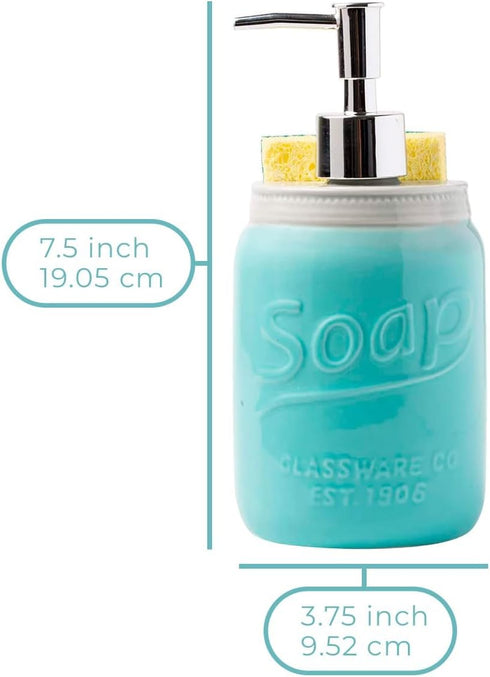 Mason Jar Kitchen Soap Dispenser & Sponge Holder - Sink Organizer - 14oz Kitchen Counter Liquid Soap Dispenser with Stainless Steel Pump, Blue Cer...