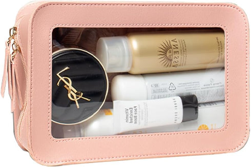 Clear Makeup Bag Organizer, TSA Approved Portable Travel Toiletry Bag Multipurpose Cosmetic Bag Case for Women Vegan Leather Make Up Pouch Transpa...