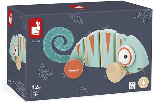 Janod - Tropik Pull-Along Chameleon - Wooden Early-Learning Toy - Silent Wheels - Educational Walking and Balancing Toy - Water-Based Paint - 1 Ye...