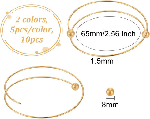 OLYCRAFT 10pcs 2.5 Inch Expandable Blank Bangle Bracelets with Removable Ball Bead - Gold & Silver Stainless Steel Wire Bangle Blank Cuff Bracelet...