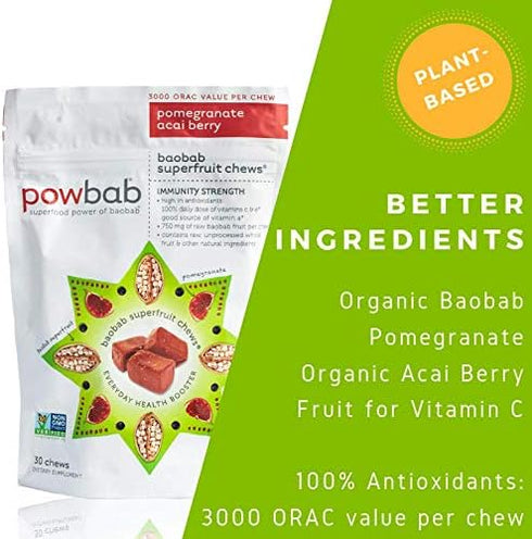Baobab Superfruit Chews - 750mg Raw Baobab Powder Organic. Immune Superfood Supplement, 100% Antioxidants for Cold Season Vitamin C. Acai Berry Po...