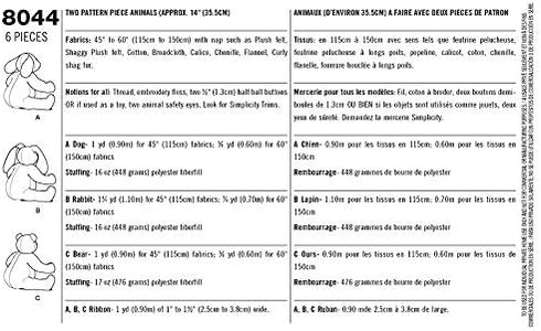 Simplicity US8044OS Children's Stuffed Animal Toy Sewing Pattern, One Size...