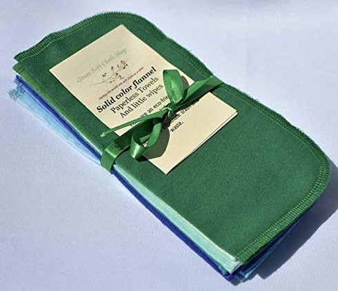 1 Ply Solid Color Flannel 8x8 Inches Little Wipes Set of 10 Assorted Blues and Greens- Proudly Made in the USA!...