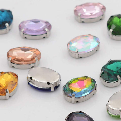 Emerald Green Rhinestones Oval Sew On Rhinestone 50pcs 10x14mm Flatback Rhinestones with Silver Prongs for Crafts Clothes Dresses Shoes Jewelry Ma...