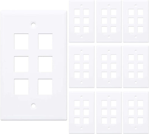 10-Pack 6 Port Keystone Wall Plate, Hexa Gang White Jack Insert for Ethernet, Coax, HDMI – Standard Size WallPlate Cover for Home & Office...