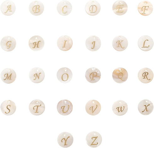 Airssory 26 Pcs Letter A-Z Initial Alphabet Carved Flat Round Natural Freshwater White Shell Charms Top Drilled Hole Tiny Pendants Kit for Jewelry...