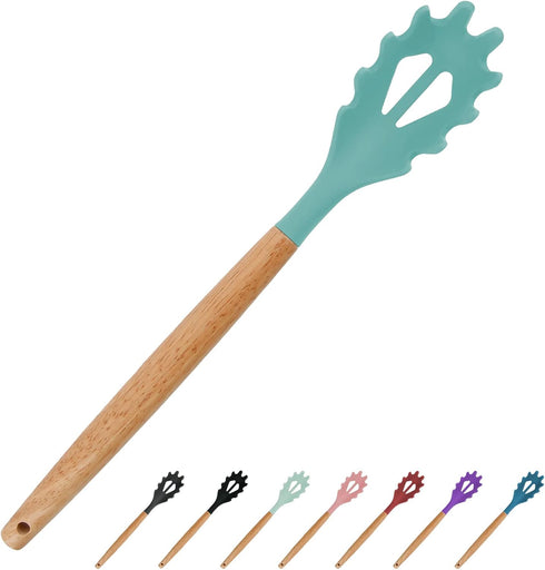 Silicone Spaghetti Spoon, Pasta Fork, 12.6 Inch Noodle Spoon, Pasta Spoon with Wooden Handle, Spaghetti Server for Cooking, BPA Free, Green...