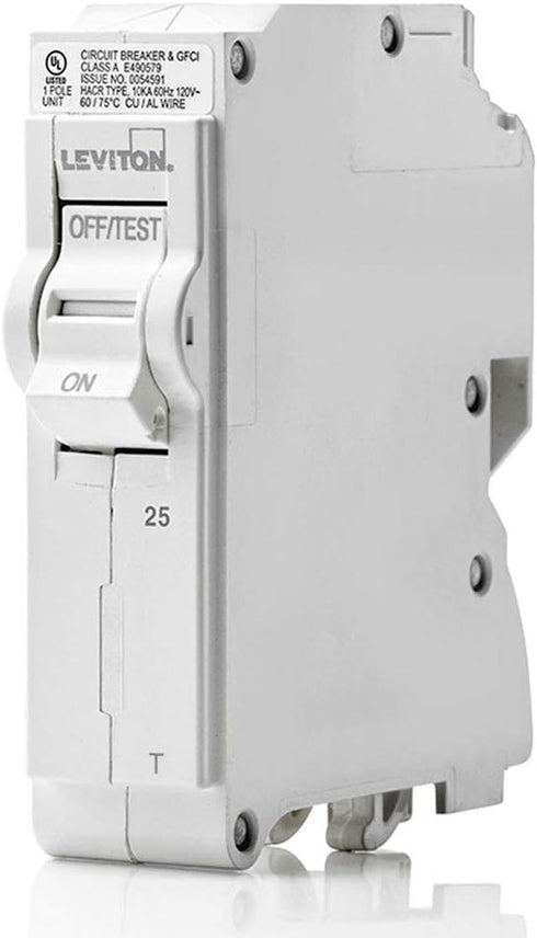 Leviton LB125-T 25A 1-Pole Plug-On Standard Branch Circuit Breaker, Thermal Magnetic, 120 VAC, White...