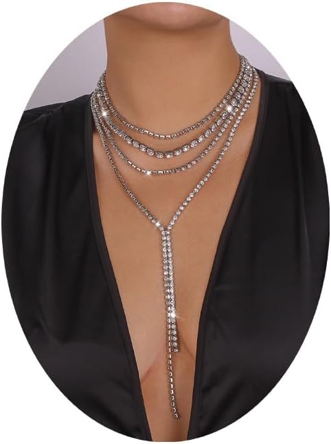 FUTIMELY Boho Layered Rhinestone Necklaces for Women Girls Long Pendant Y-Necklaces Crystal Choker Chain Statement Necklaces Wedding Bridal Jewerl...