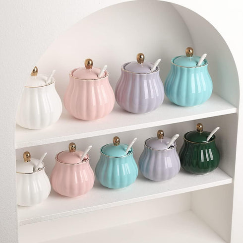 Sweejar Royal Ceramic Sugar Bowl, 8 Ounce Sugar Container with Spoon and Lid, Porcelain Salt Bowl Salt Container, Sugar Holder for Coffee Bar, Hom...