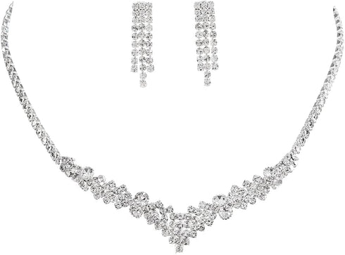 Unicra Silver Bride Necklace Earrings Set Bridal Wedding Jewelry Sets Party Rhinestone Costume Jewelry Set Crystal Choker Necklace for Women and B...