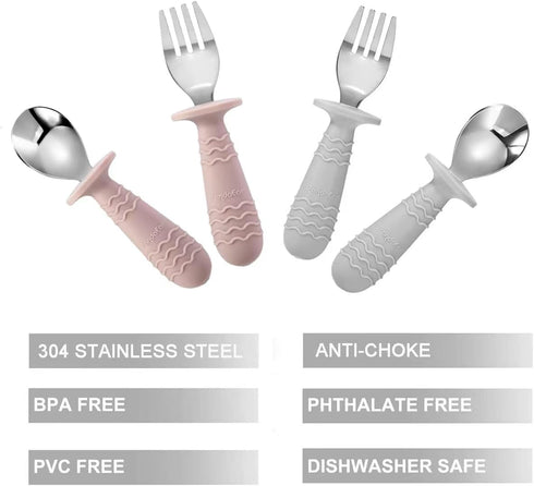 PandaEar 4 Set Baby Toddler Silicone Stainless Steel Utensils Silverware Spoon Fork for Baby Toddler BPA Free with Silicone Holding Anti-Choke Des...