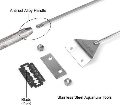 HOTOOLME Aquarium Scraper, 25.6" Stainless Steel Scraper Cleaning Razor with 10 Blades for Glass Aquarium Fish Tank...